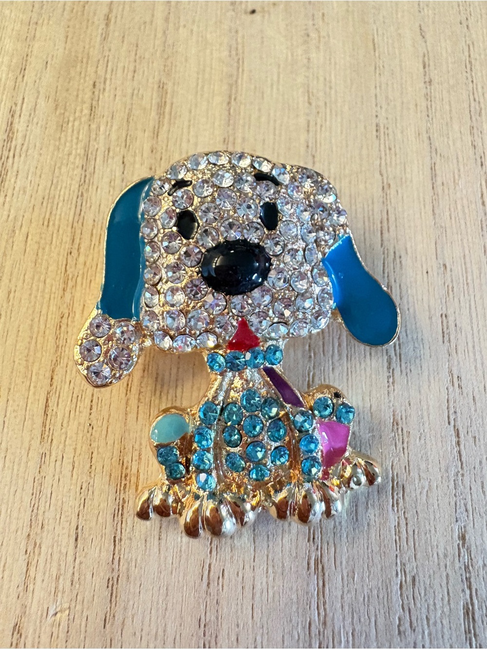 Crystal Puppy Pooch Brooch in Blue & Teal Enamel